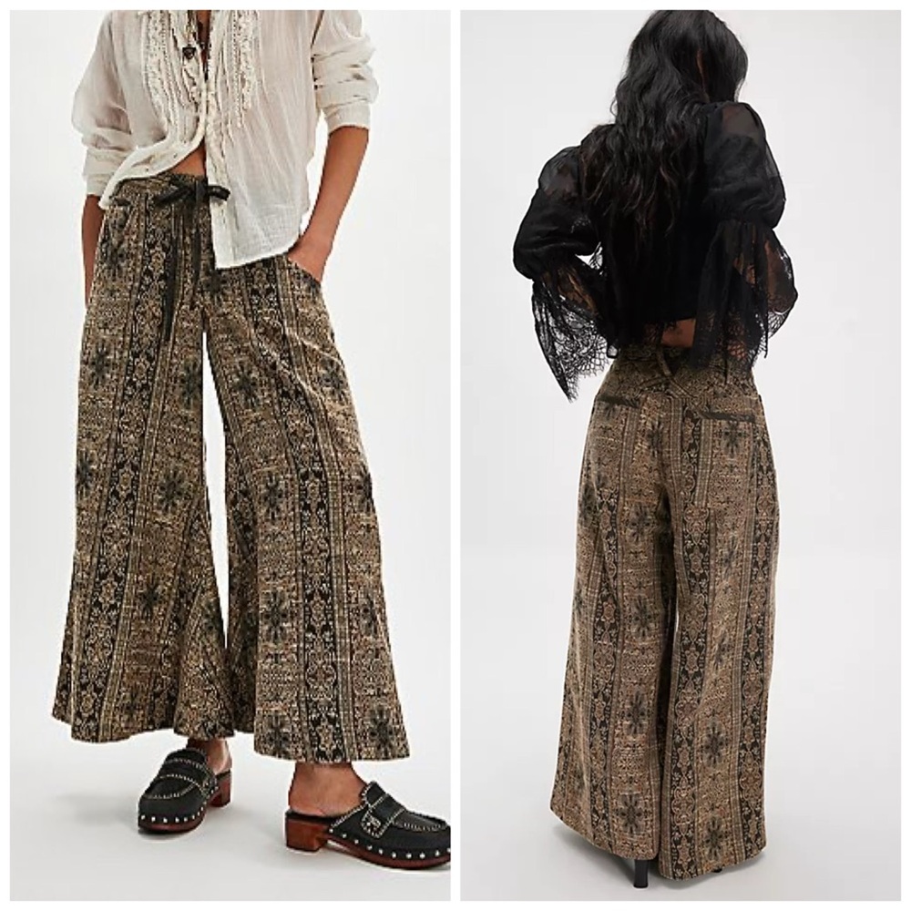Free People‎ Dahlia Wide Leg Flare Pants Brocade Tapestry Brown Sz 12